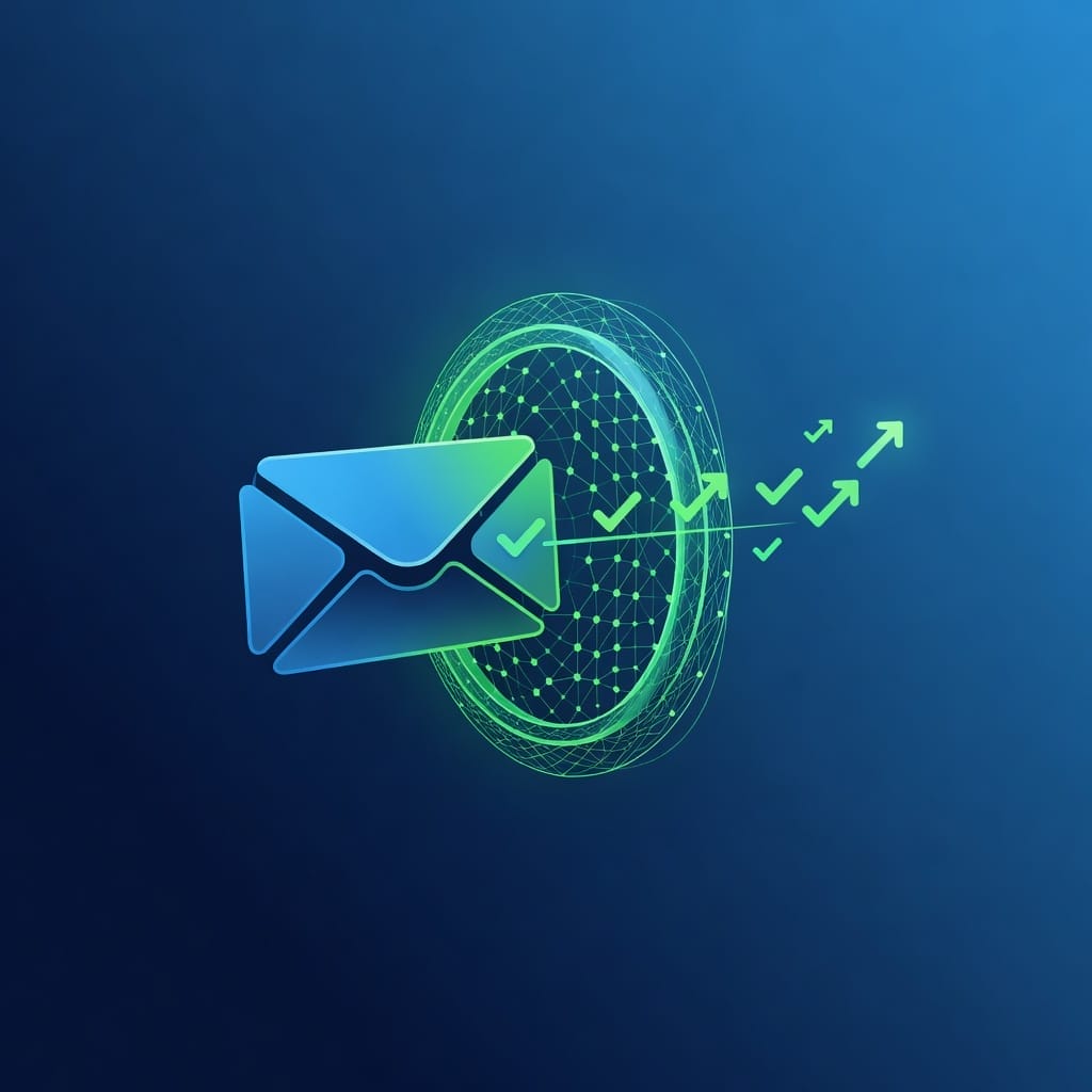 Email deliverability concept showing email passing through a filter with positive signal