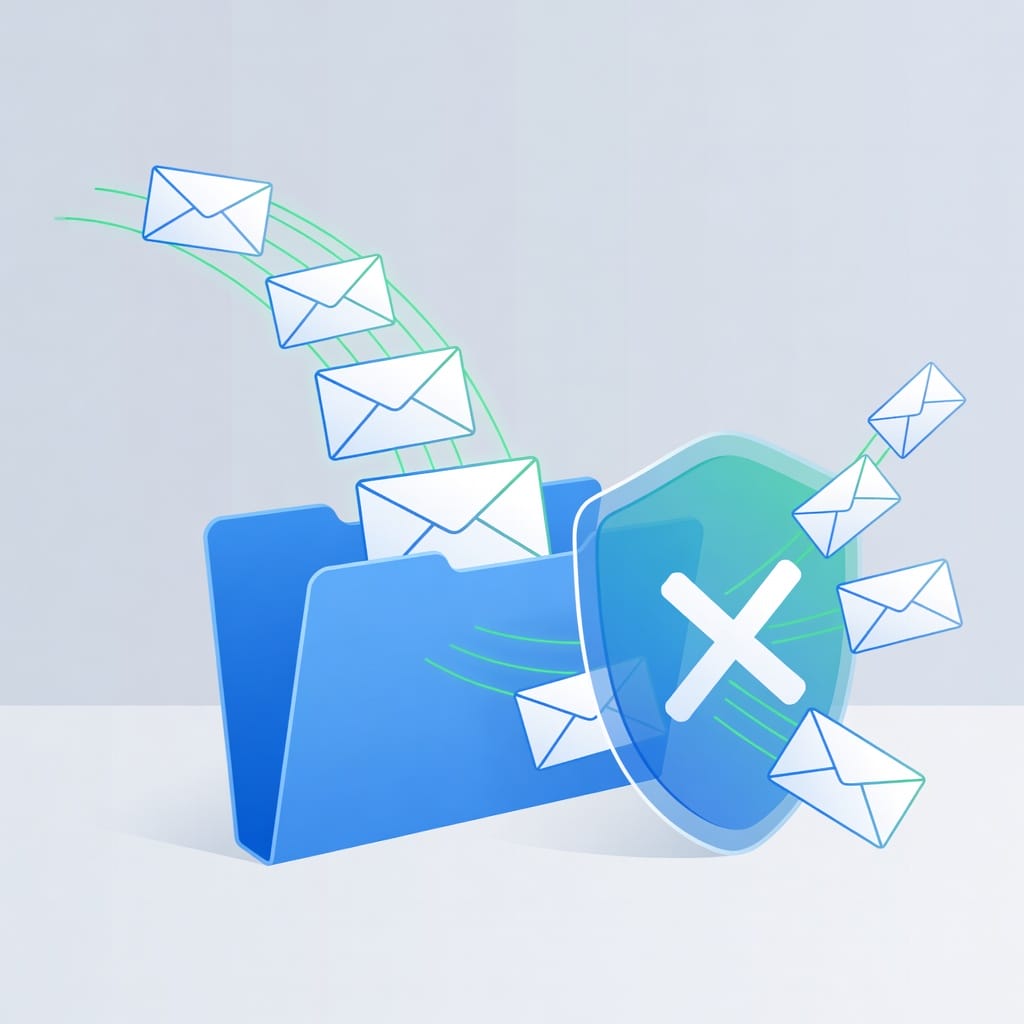 An illustration showing email deliverability with envelopes entering an inbox while others are blocked by a spam filter shield, representing inbox placement rates.