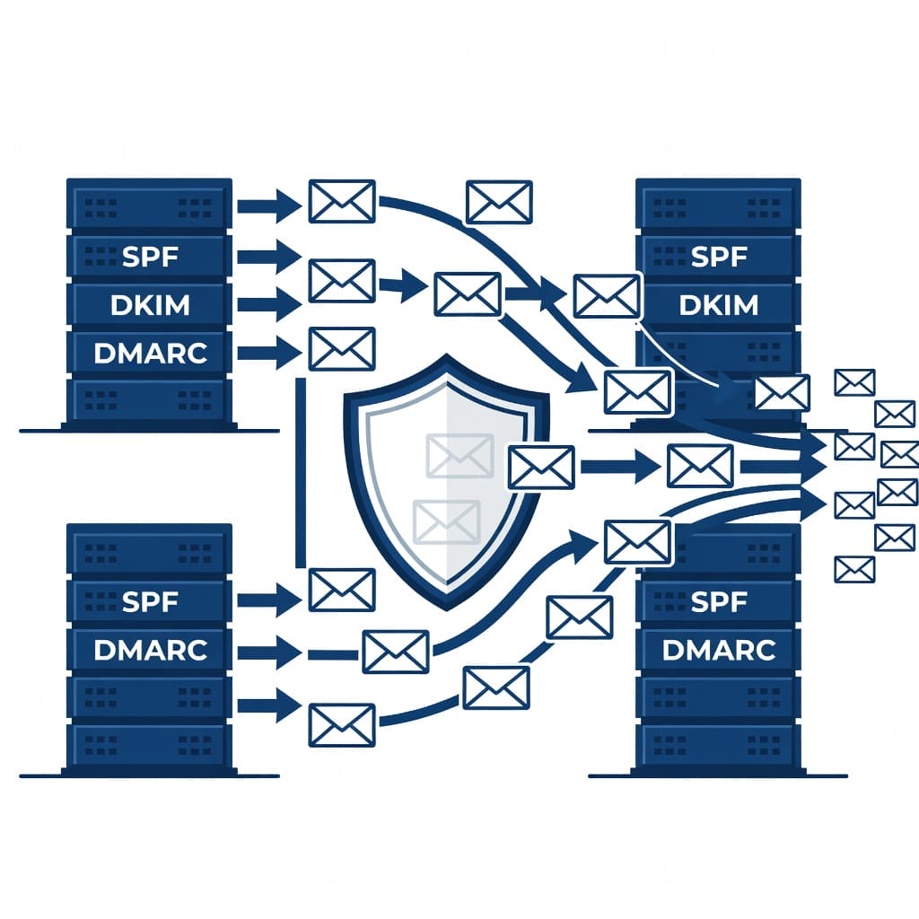Email deliverability infrastructure diagram showing SPF, DKIM, and DMARC authentication and inbox placement workflow