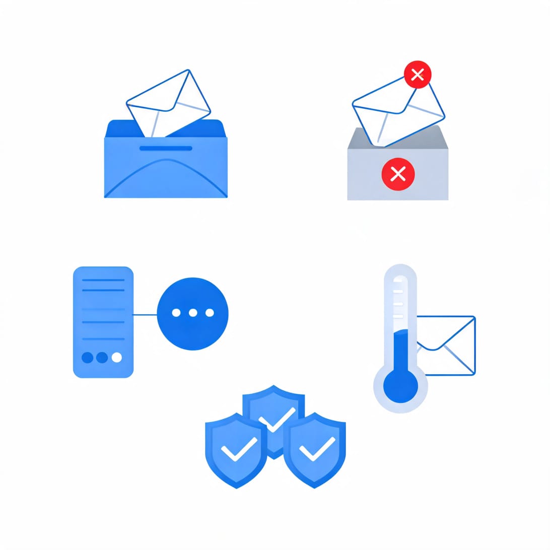 Email deliverability concepts with inbox placement, spam folder, dedicated IP, email warm-up, and authentication shields