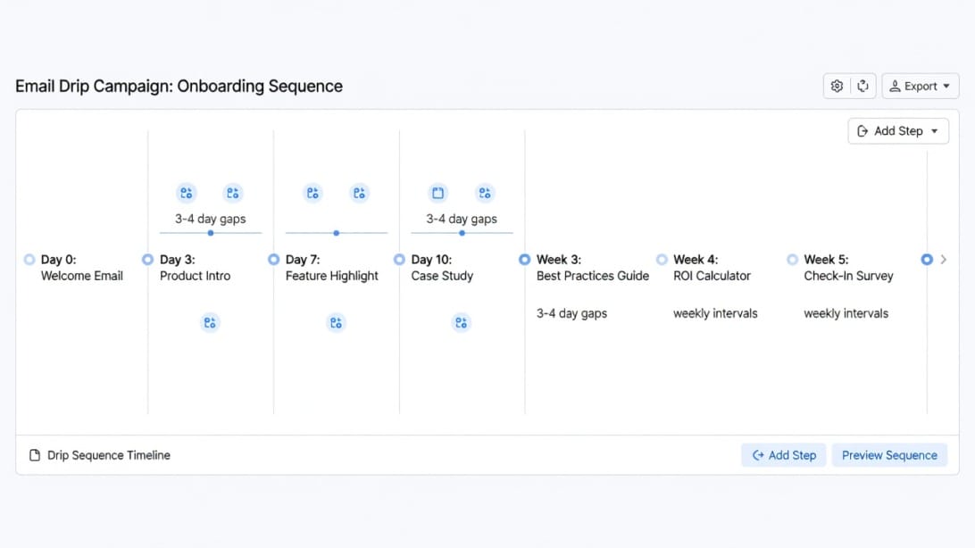 Email nurture drip timeline calendar showing weekly intervals after initial 3-4 day gaps