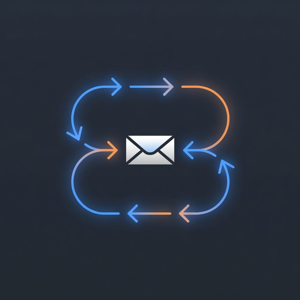 Email outreach sequence flow - stylized email icons connected by glowing arrows in a campaign sequence