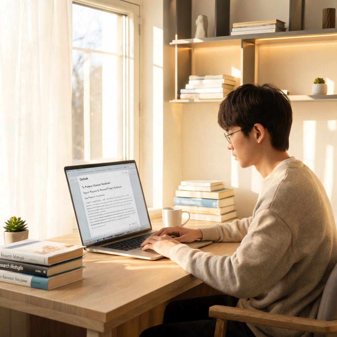 A student composing a professional email to a professor on a laptop in a modern study space, clean academic environment, warm lighting