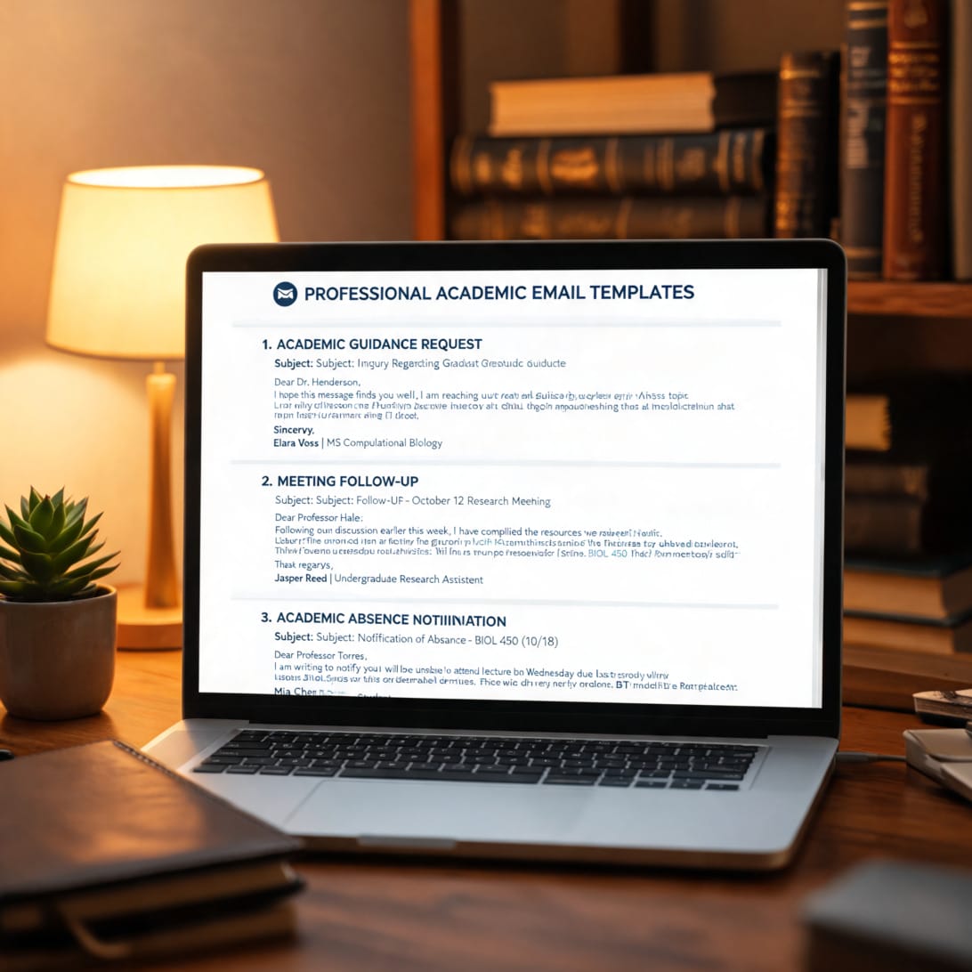 A collection of professional email templates displayed on a laptop screen, clean modern interface, academic setting, organized layout