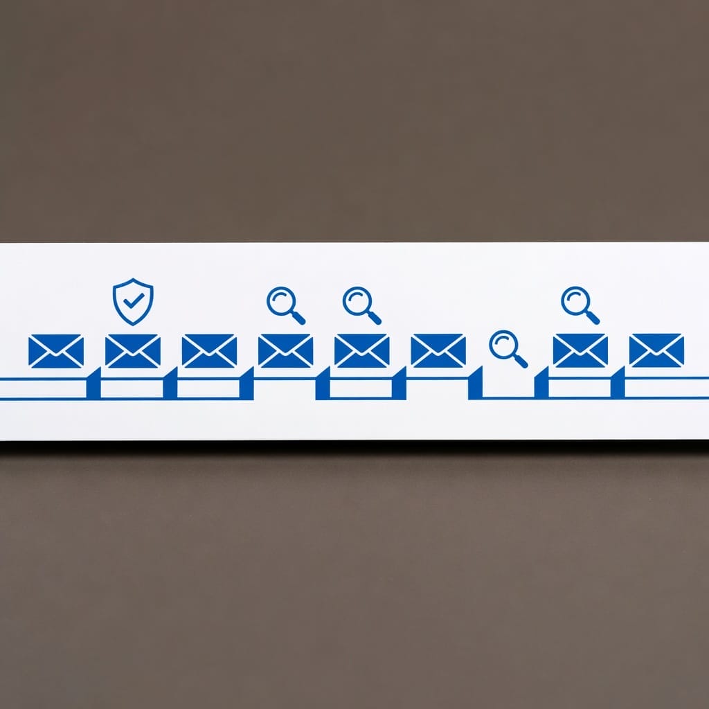 Email verification pipeline illustration showing email addresses going through syntax, domain, SMTP, and catch-all detection checks