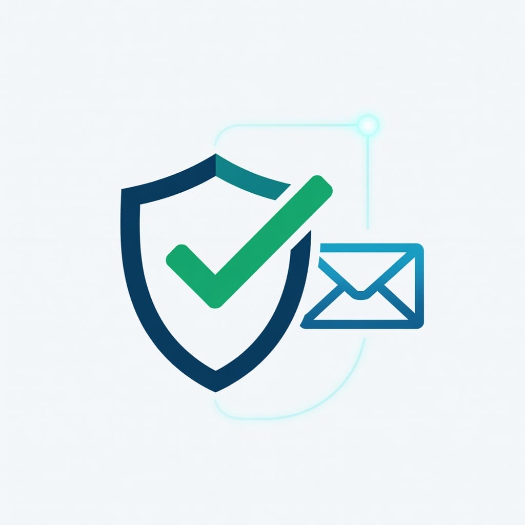 Verification process illustration with shield, checkmark, and email icon
