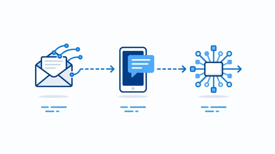 Diagram-style illustration of email, SMS, and API paths for email text workflows.
