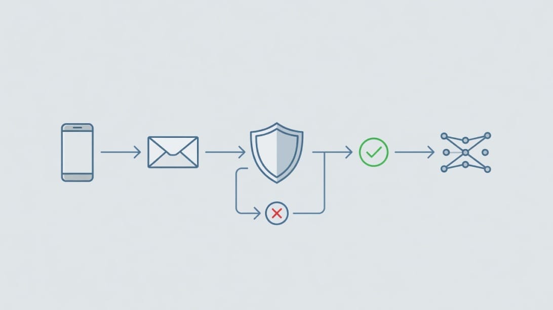 Technical illustration of troubleshooting an email-to-text delivery path with filtering and validation.