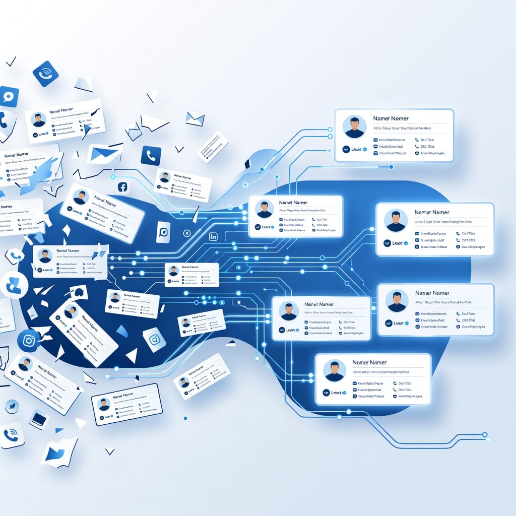 Abstract illustration of fragmented business contact data being organized into complete professional profiles