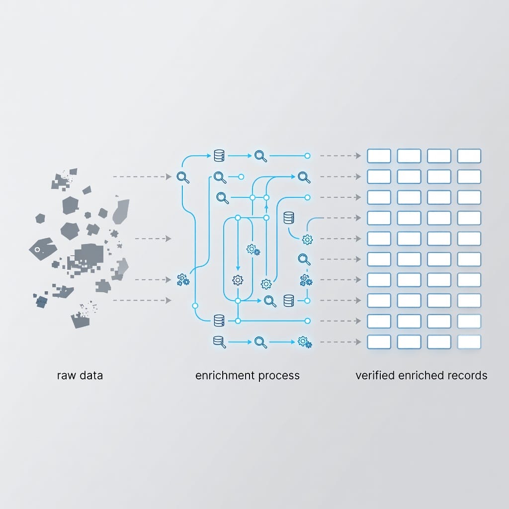 Cascading waterfall of data sources flowing through validation layers to produce clean enriched records