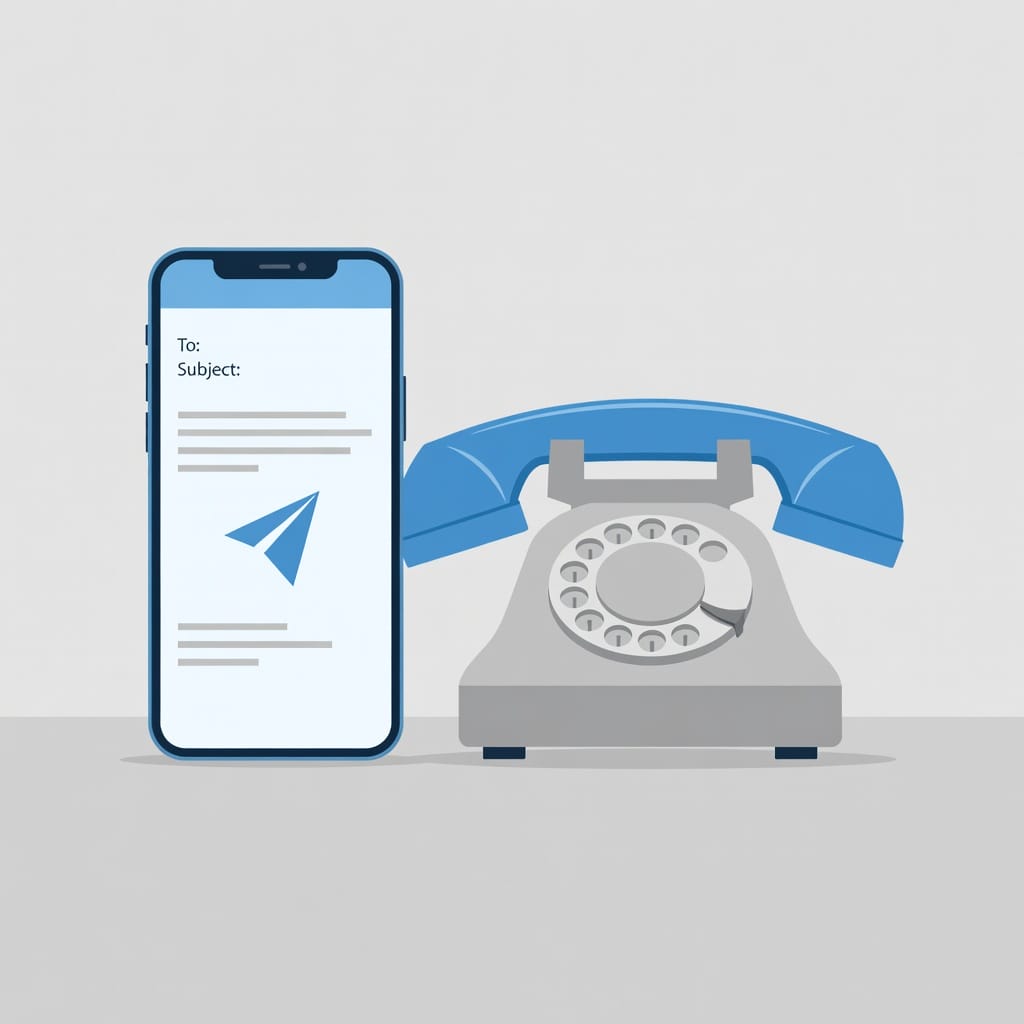 Illustration of a smartphone showing an email composition interface next to a vintage rotary telephone, representing the connection between phone calls and follow-up emails.