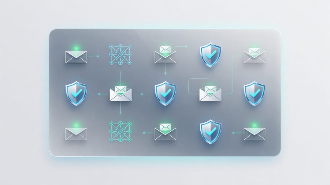 Secure email deliverability illustration with inboxes, sender verification signals, and protection icons.