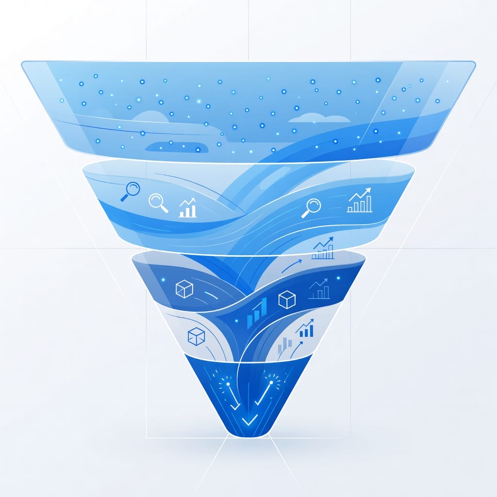 Illustration of a marketing funnel with prospect awareness interest consideration conversion stages