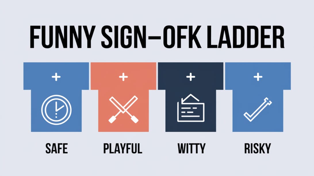 Funny sign-off risk ladder infographic from safe to risky closings