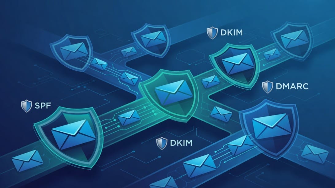 Email infrastructure diagram showing authentication protocols protecting sender reputation