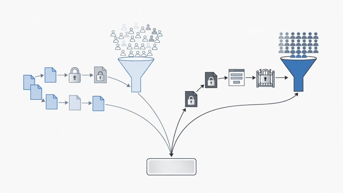 Comparison infographic showing gated versus ungated content strategies with decision branching