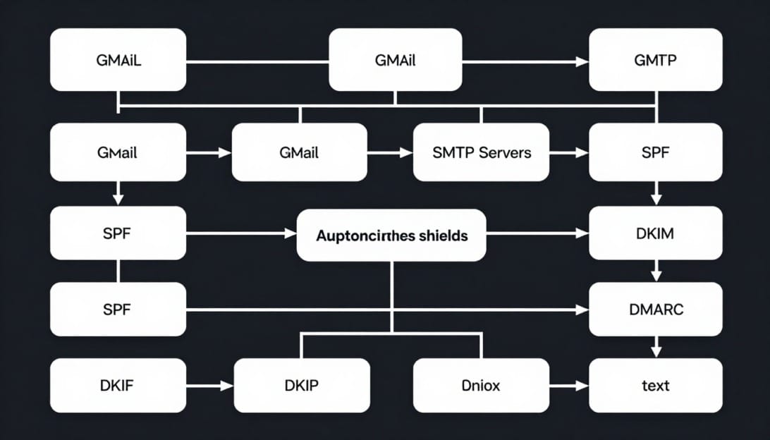 Dedicated email infrastructure diagram showing SMTP servers, SPF DKIM DMARC authentication, and reliable inbox delivery paths for business email