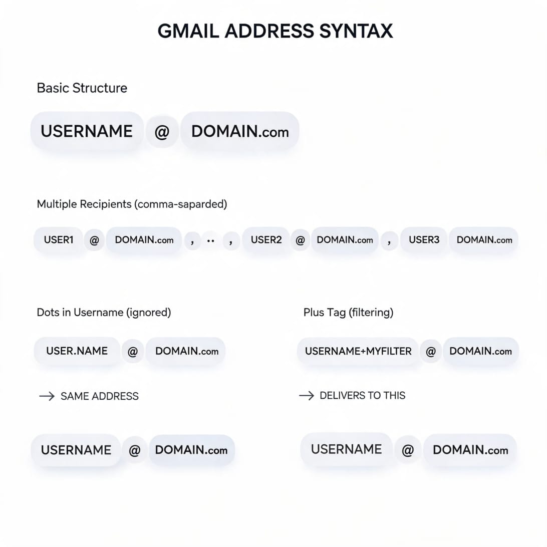 Gmail comma address rules showing username, at sign, domain, comma-separated recipients, dots, and plus-tags