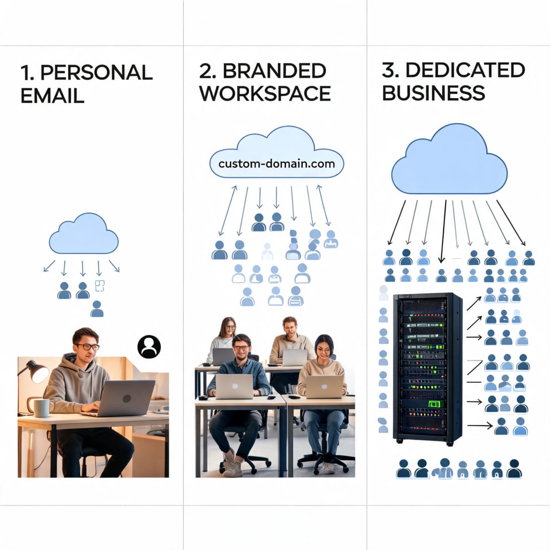 Comparison of personal Gmail, Google Workspace custom domain, and dedicated business email infrastructure