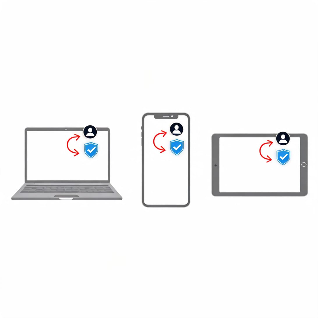 Signing out of Gmail across laptop, phone, and tablet with security shield and logout arrows