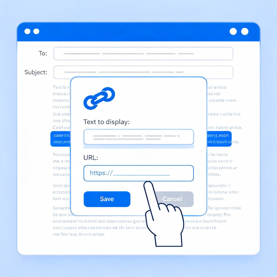 Person editing a hyperlink in Gmail compose window with link icon, text field, and URL field visible