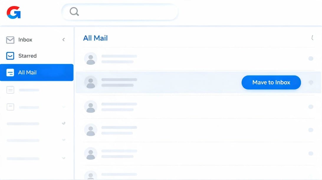 Gmail All Mail folder view showing archived emails with the Move to Inbox button highlighted for restoring messages