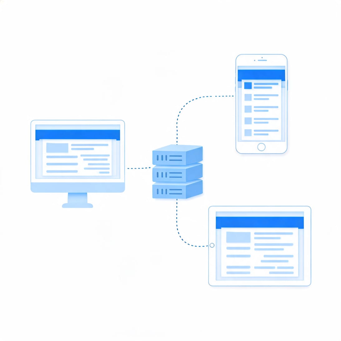 Email setup across multiple devices including a desktop computer, smartphone, and tablet all connected to an email server
