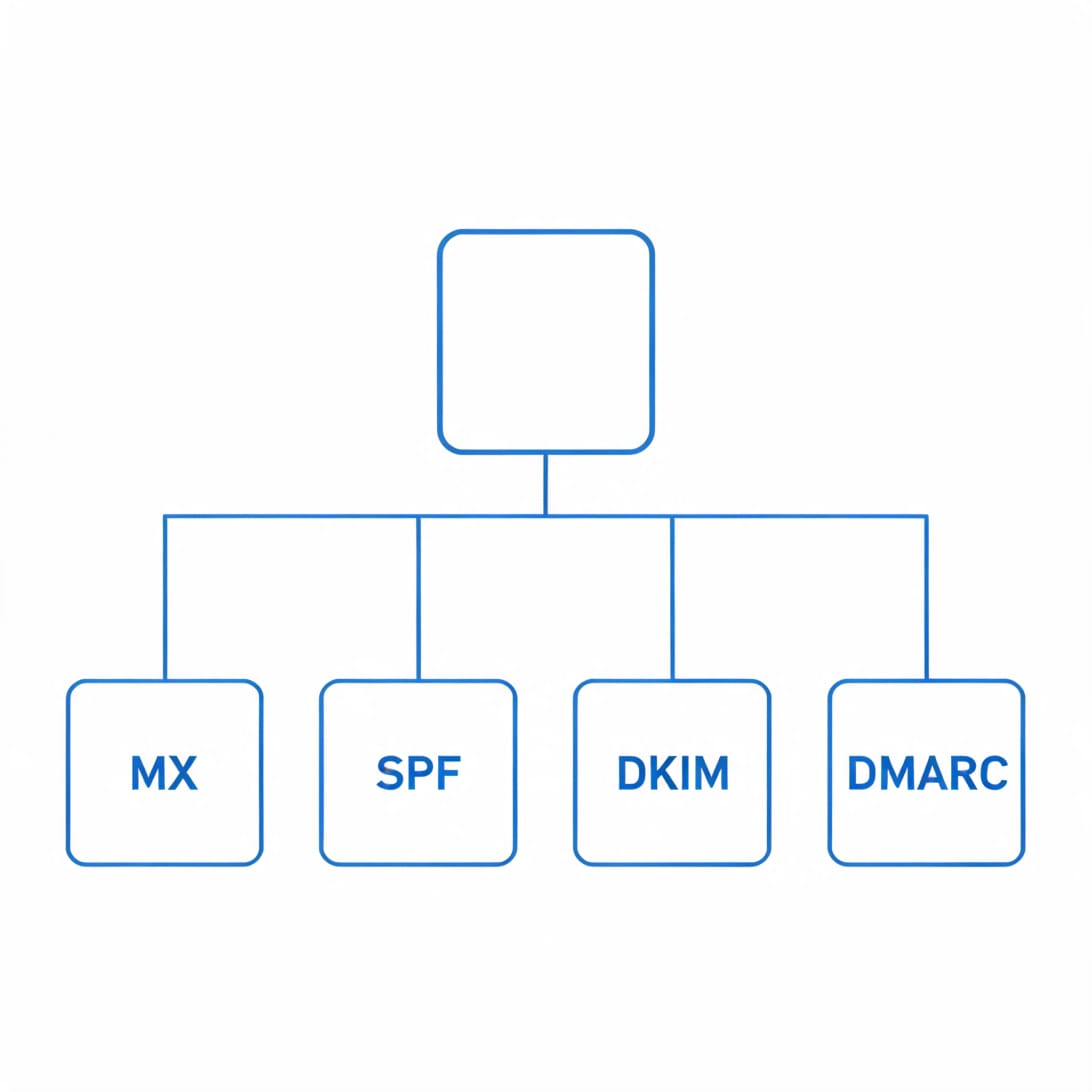 DNS record types for email delivery including MX SPF DKIM and DMARC records arranged in a simple flowchart style