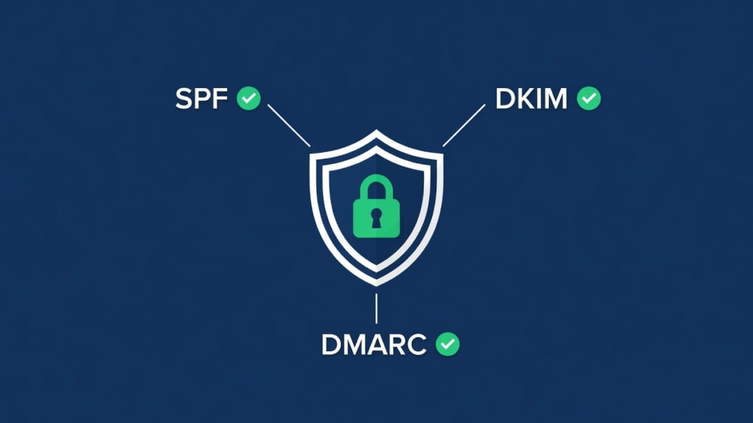 Infographic showing SPF, DKIM, and DMARC email authentication layers working together to protect email deliverability