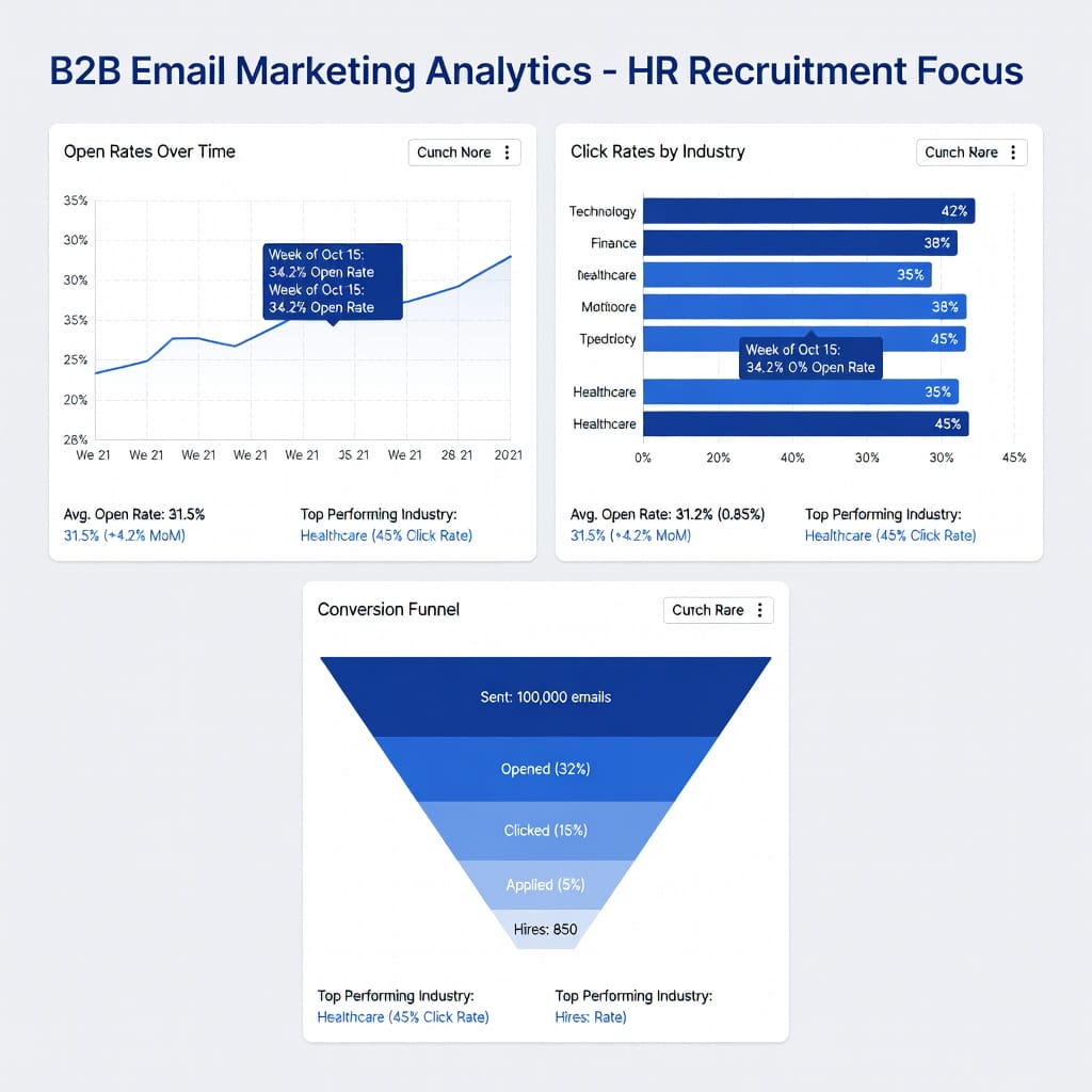 Email analytics dashboard showing B2B campaign metrics with charts for open rates click rates and conversions