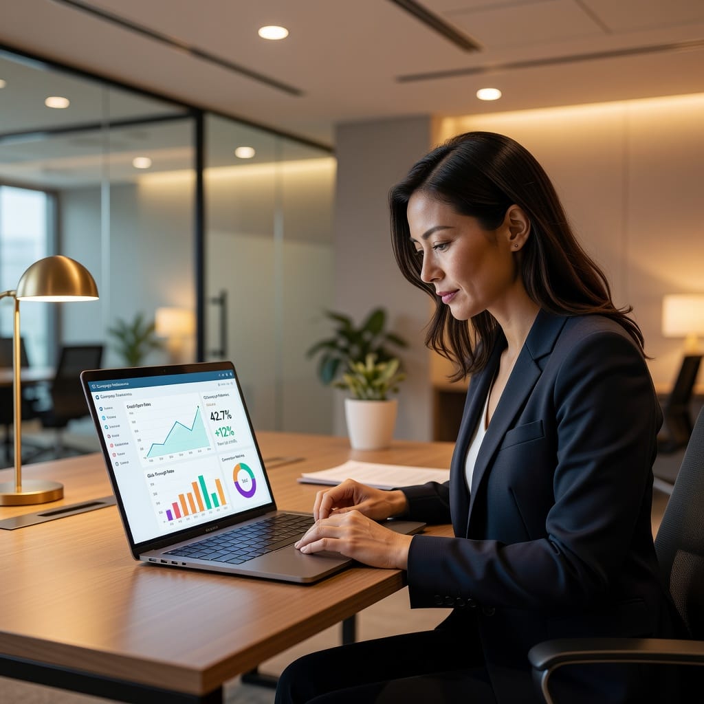 HR Manager reviewing email analytics and contact list data on laptop
