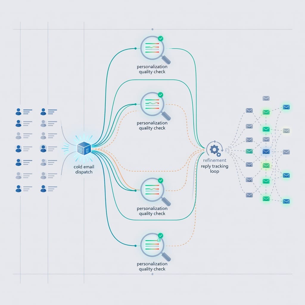 Illustration of a cold email workflow with personalization quality checks and reply paths