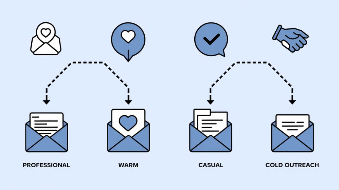 Email closing decision map showing four branches: professional, warm, casual, and cold outreach