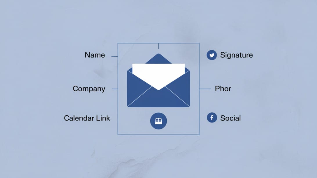 Annotated layout of a simple professional email signature block with name, role, company, phone, and calendar link
