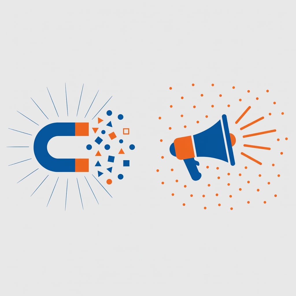 Inbound vs outbound marketing illustration comparing a magnet and a megaphone
