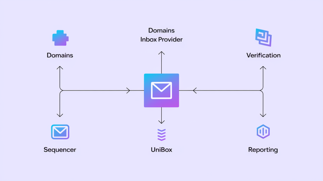 Workflow diagram showing domains, inbox provider, verification, sequencer, unibox, and reporting