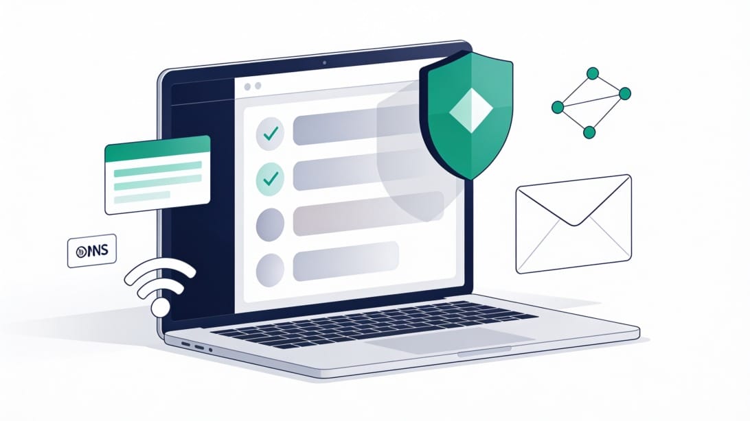 Illustration of a deliverability setup checklist with email, DNS, security, and analytics elements