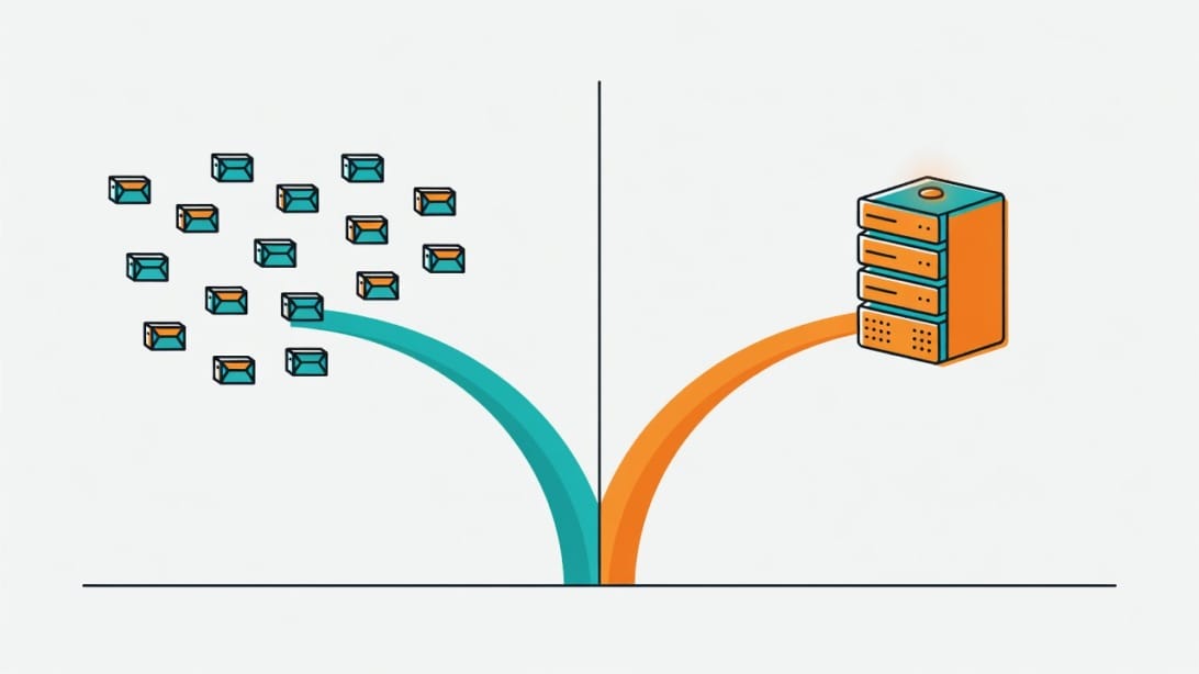 Visual comparison of distributed inbox infrastructure versus centralized email server approach for cold outreach
