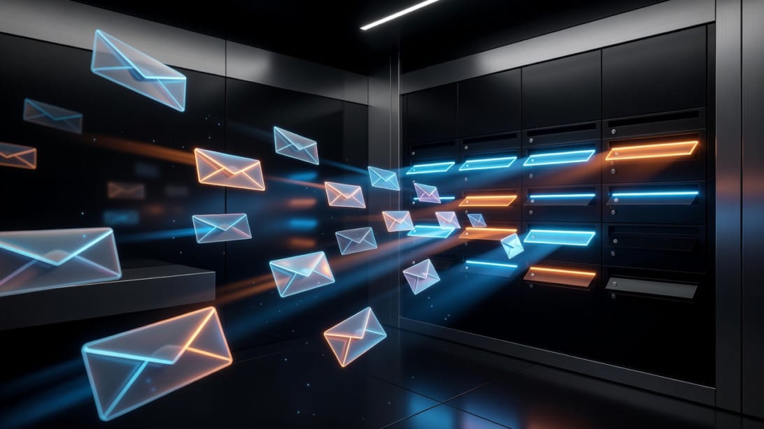 Futuristic mailroom with targeted envelopes