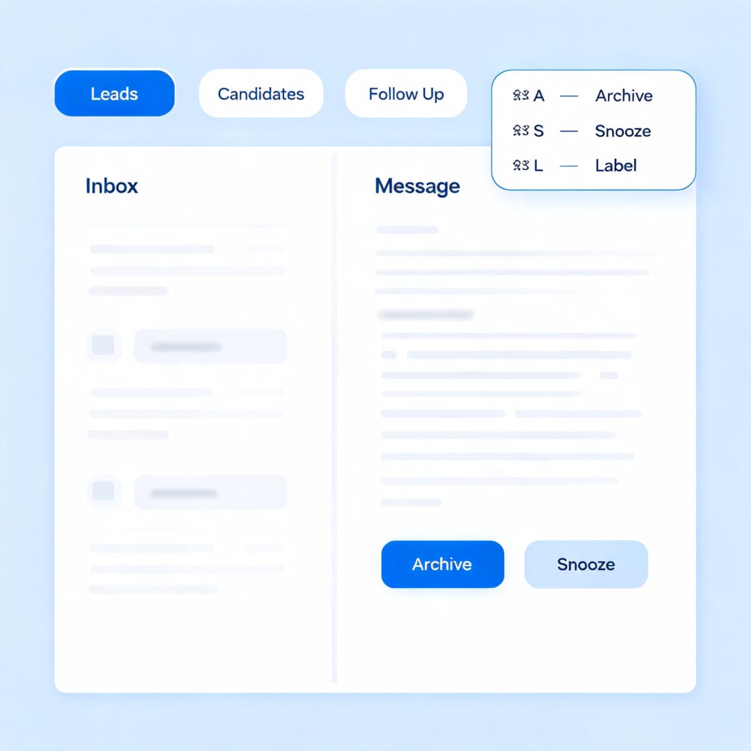 Kondo LinkedIn DM management interface showing split inboxes, labels, and keyboard shortcuts