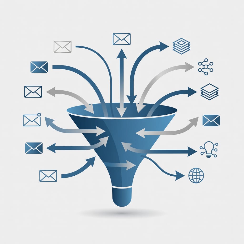 Abstract digital illustration of a multi-channel B2B lead generation funnel with arrows connecting different channels