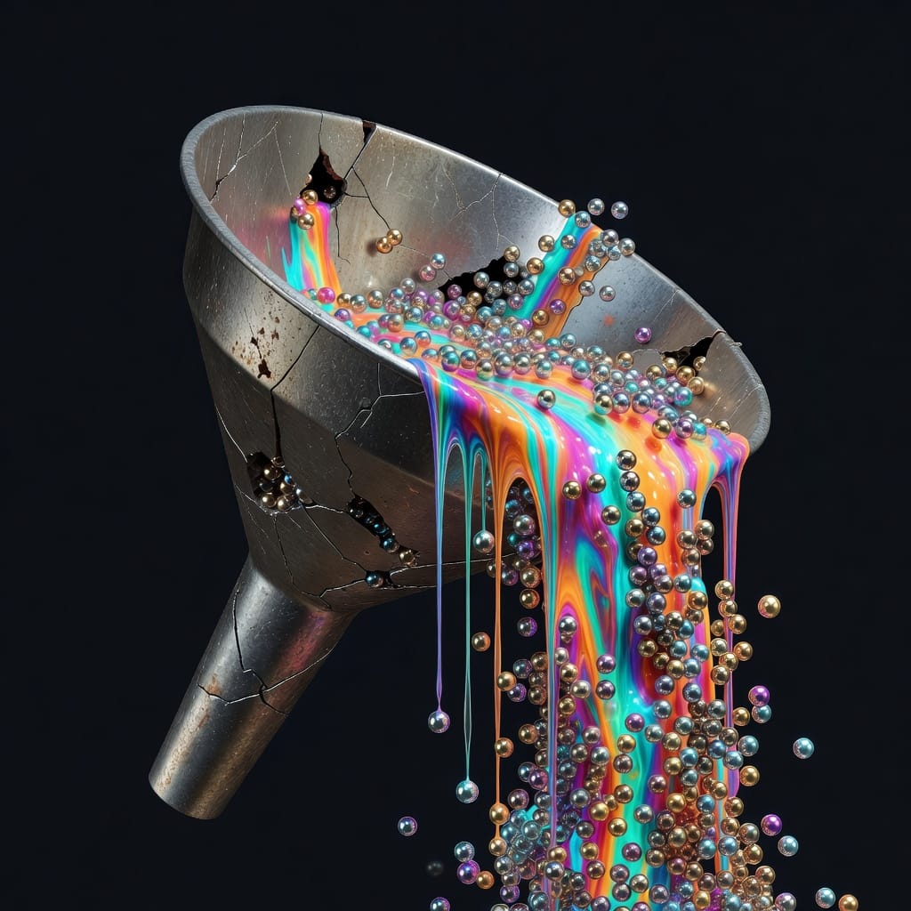 A cracked funnel with glowing liquid spilling out, representing a leaky sales funnel