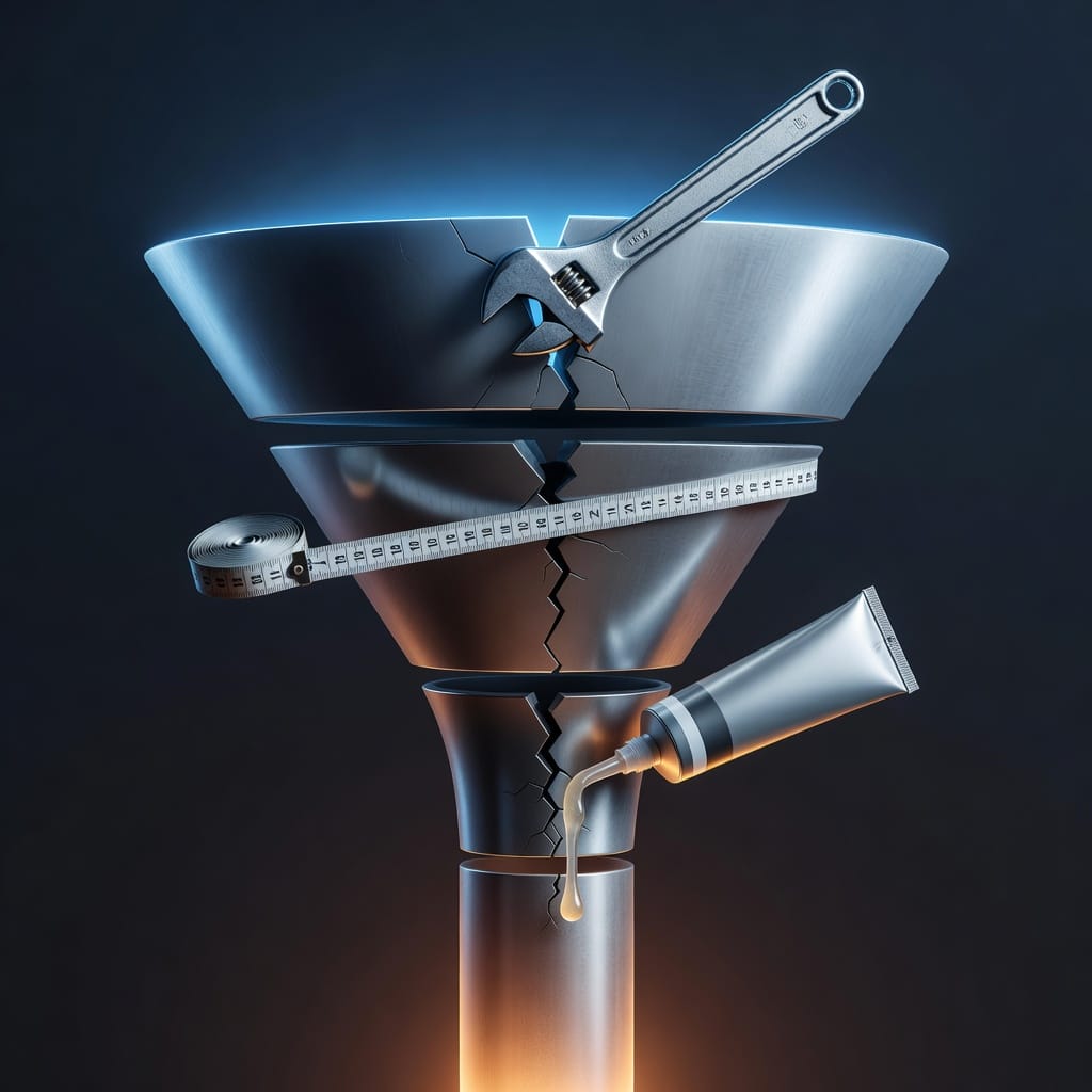 A sales pipeline funnel with repair tools at different stages