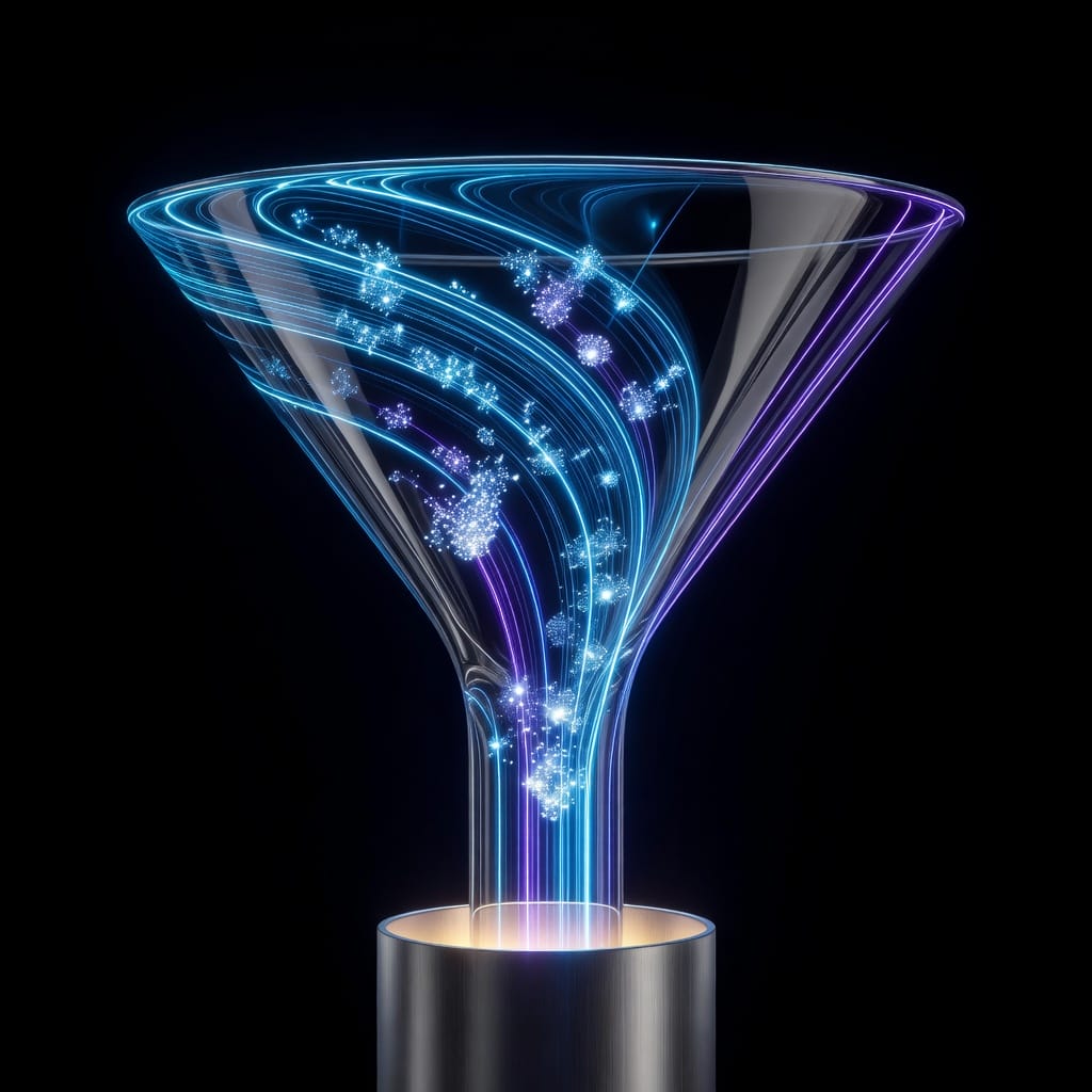 A polished metallic funnel with glowing nodes representing smooth data flow