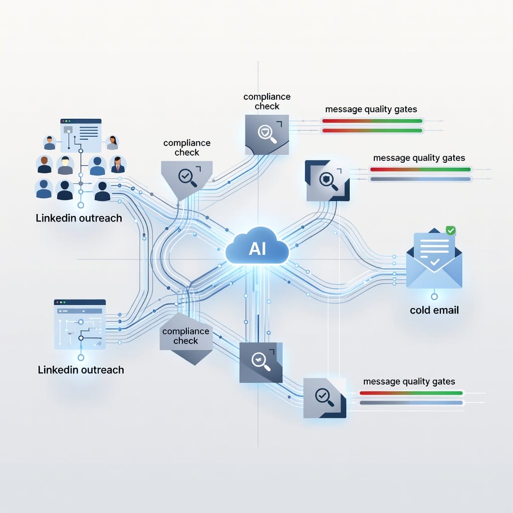 Conceptual illustration of safe AI-assisted LinkedIn and cold email outreach