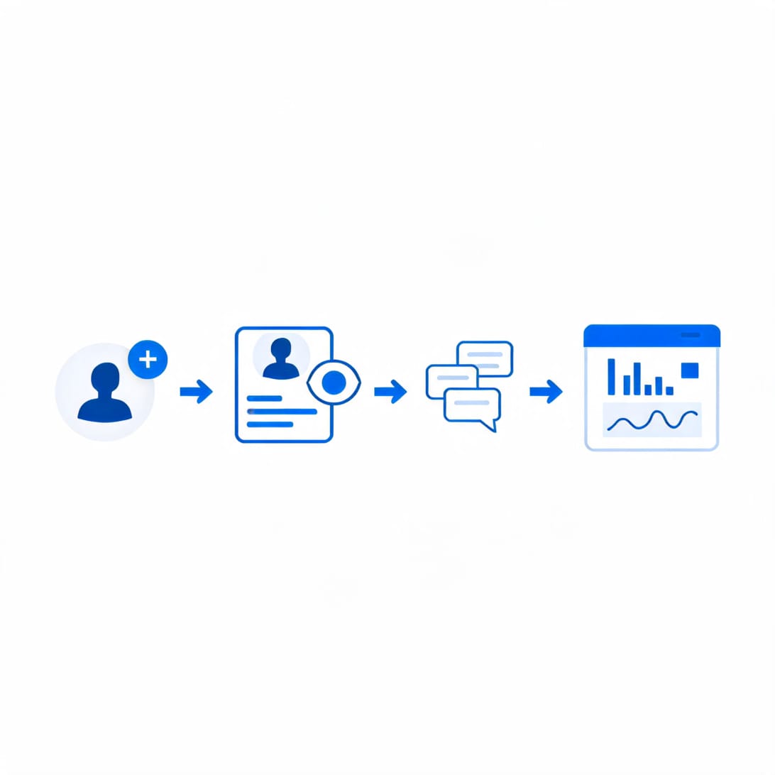 LinkedIn lead generation workflow with connection requests, profile views, messages, and analytics dashboard