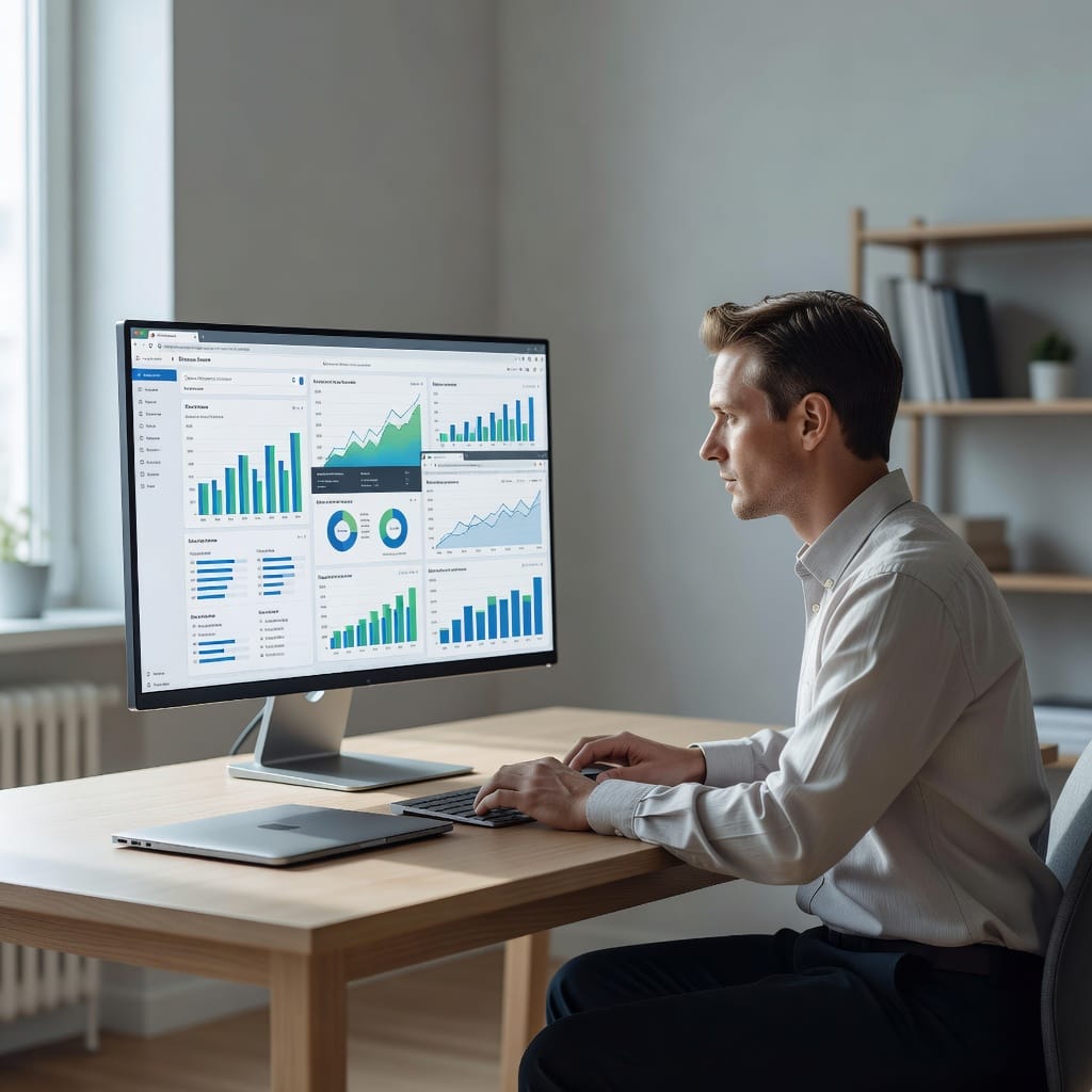 SEO consultant reviewing analytics and local search results on large monitor