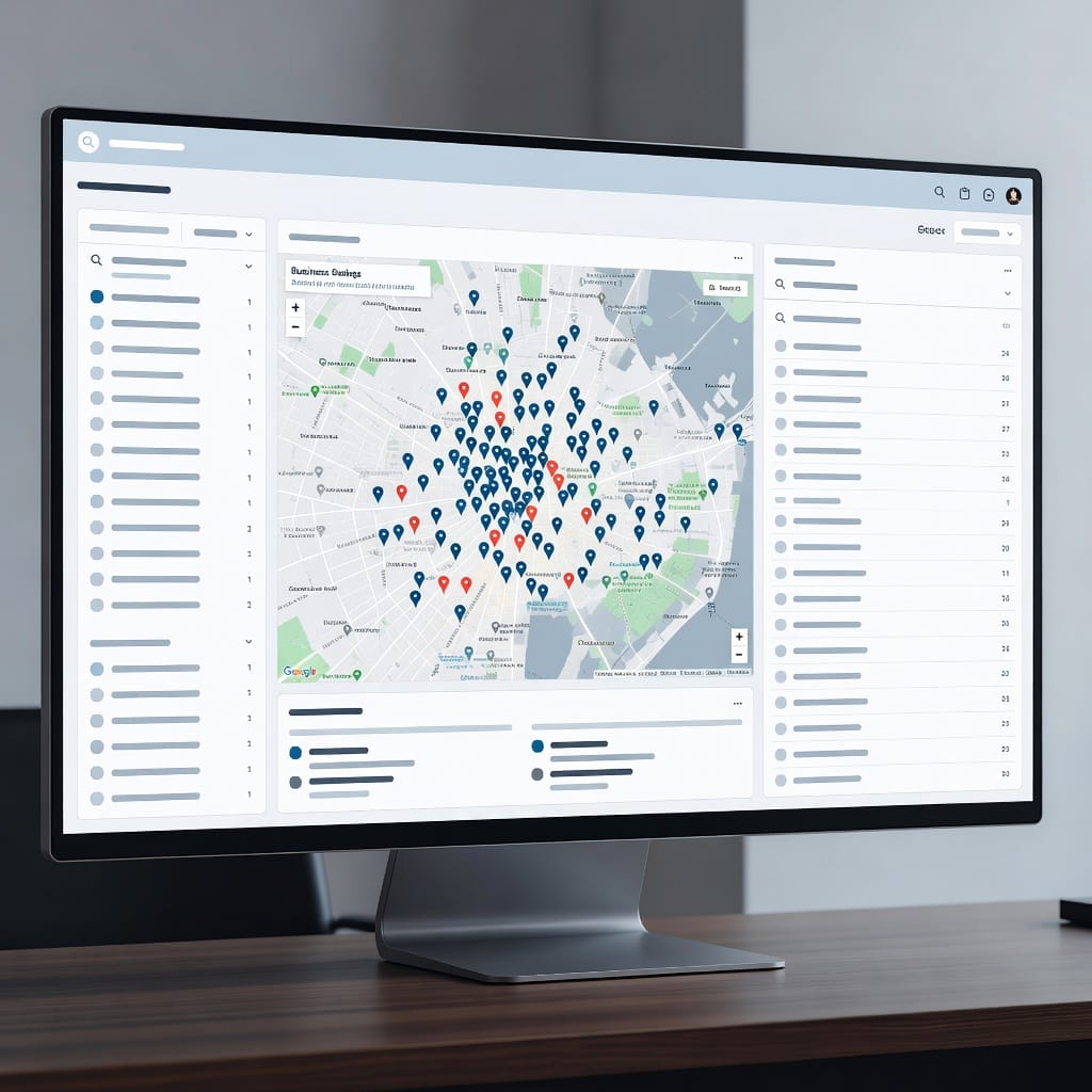 Local SEO rankings dashboard showing business listings on Google Maps with map pins