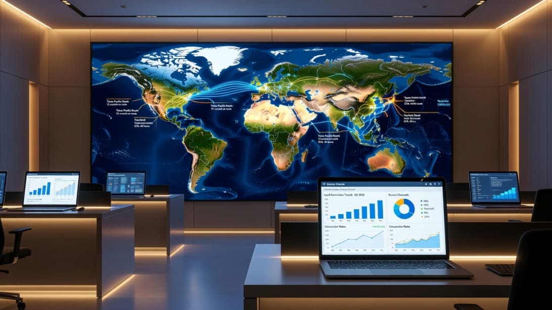 Digital logistics control room with global shipping routes map and lead generation dashboard