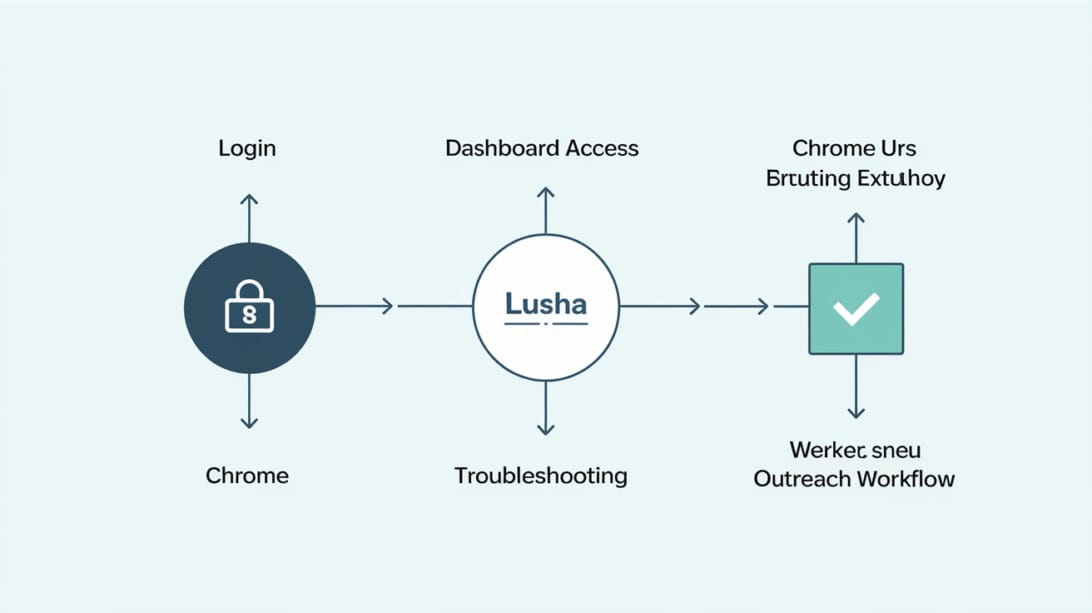 Flowchart showing the Lusha login path from official sign-in to dashboard, extension, troubleshooting, and outreach workflow.